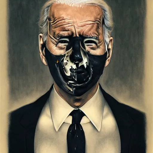 Prompt: presidential portrait of joe biden with oily black fluid pouring from mouth and nose as slenderman, medical diagram by beksinski, jon mcnaughton, and stephen gammell