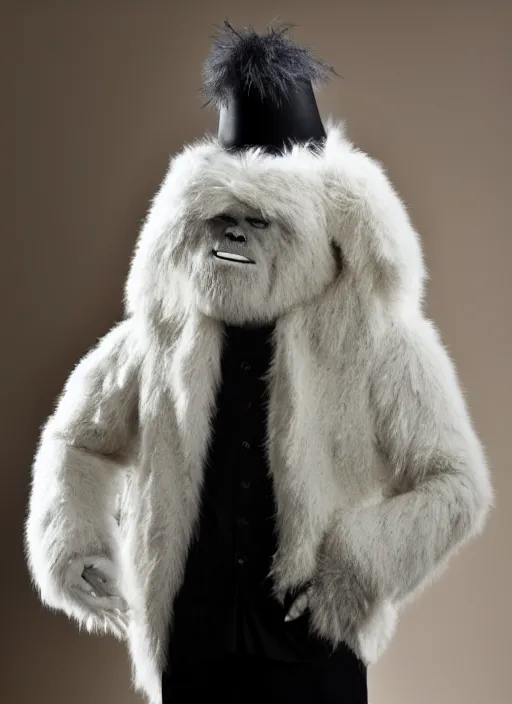 Prompt: The yeti modelling a highly experimental coat by Yohji Yamamoto