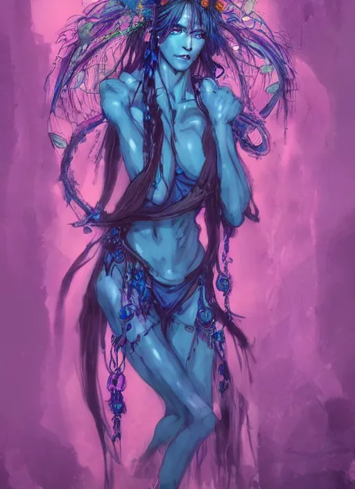 Prompt: Half body portrait of a beautiful dryad psychic in blue robe, vibrant colours, chosen by the god, ornate. In style of Yoji Shinkawa and Hyung-tae Kim, trending on ArtStation, dark fantasy, great composition, concept art, highly detailed, dynamic pose.