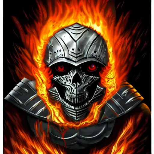 Prompt: armored knight, skull helmet with flaming eyes, pulpy fantasy illustration