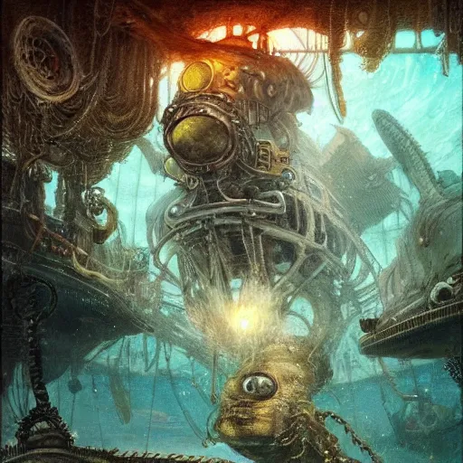 Image similar to a beautiful murmaid looking at a steampunk submarine above a slumbering kraken in its corpse filled lair under water, Greg Rutkowski, Moebius, Mohrbacher