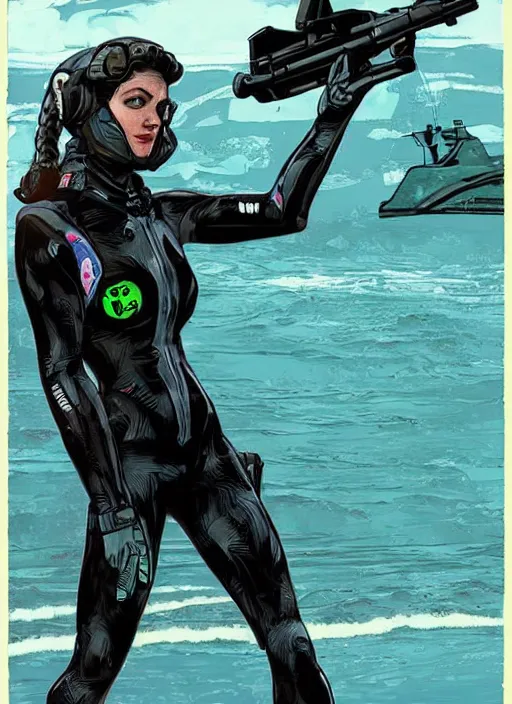 Image similar to Selina. Beautiful USN blackops operator emerging from water at the shoreline. Operator wearing Futuristic wetsuit and looking at an abandoned shipyard. Frogtrooper. rb6s, MGS, and splinter cell Concept art by James Gurney, Alphonso Mucha. Vivid color scheme.