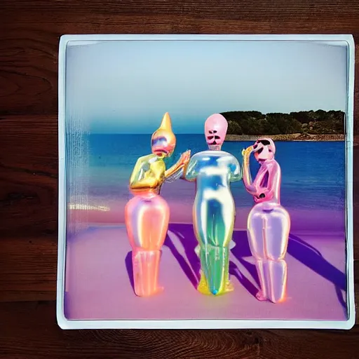 Image similar to a pastel colour high fidelity wide angle Polaroid art photo from a holiday album at a seaside with abstract inflatable parachute furniture, all objects made of transparent iridescent Perspex and metallic silver, people in masks dance, iridescence, nostalgic