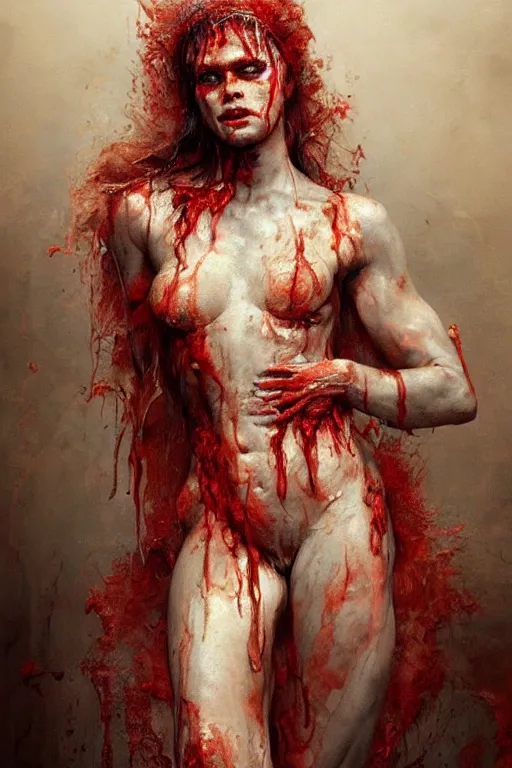 Prompt: breathtaking detailed soft painting of a demon in gauze dress, by guillermo lorca, with piercing eyes in bleeding meat and flesh, dynamic pose and movement, in an intricate water splash, rembrandt style, elegant, highly detailed, artstation, concept art, matte, sharp focus,