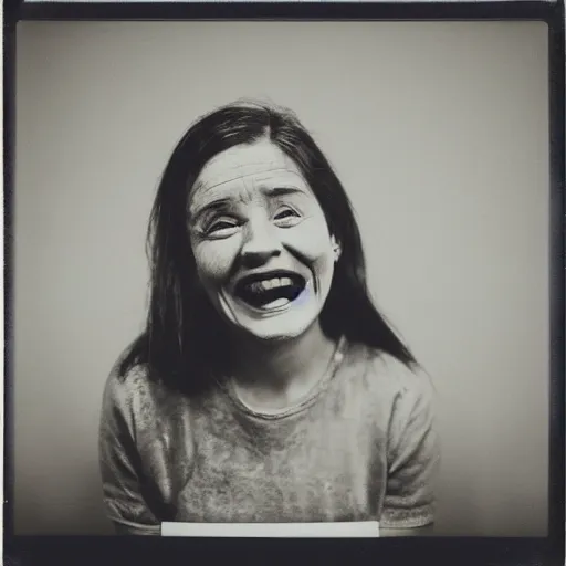 Prompt: portrait of a smiling woman with too many teeth. hundreds of teeth. hq photo, surreal, harsh lighting. polaroid type 6 0 0. fear. unnerving. menacing. supernatural