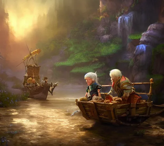 Prompt: fantasy illustration of halfling dice gambling with a white haired dwarf next to a shallow creek and cart, oil painting, craig mullins, wlop, highly detailed, colorful, unreal engine, octane render, dramatic lighting, cinematic composition,