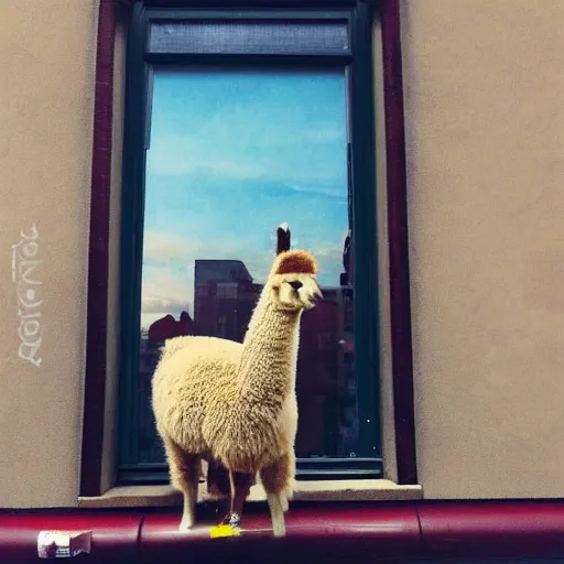 Prompt: <photograph accurate=true quality=very-high>looking out the window at a busy city street</photograph><photobomb>alpaca</photobomb><style>painting</style>