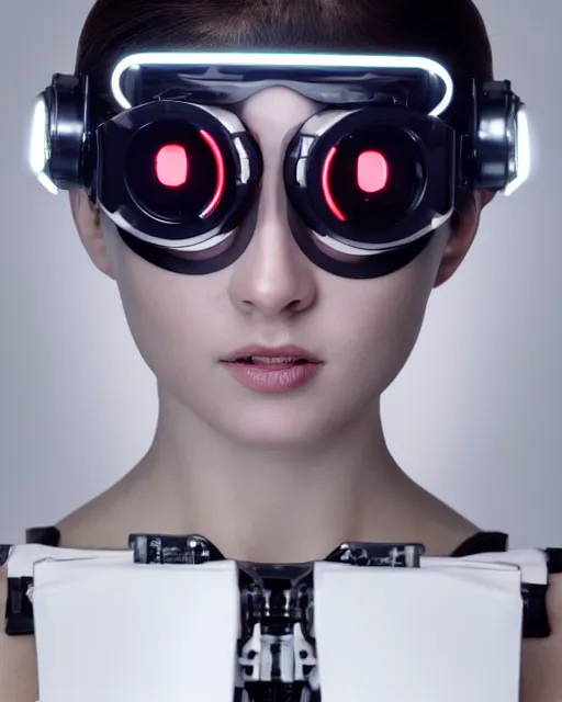 Prompt: centered portrait photo by bouguereau of female dancer as a cyberpunk mecha humanoid robotic parts wearing goggles with led lights, inside white room, ultra - realistic and detailed, 8 k