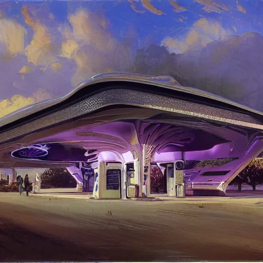 Prompt: painting of syd mead artlilery scifi organic shaped gas station with ornate metal work lands on a farm, filigree ornaments, brutalist architecture volumetric lights, purple sun, andreas achenbach