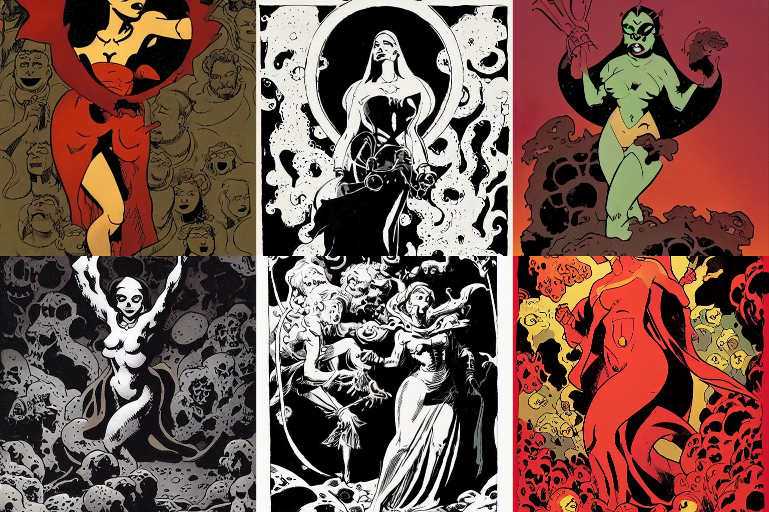Prompt: a beautiful woman decending into hell, by mike mignola