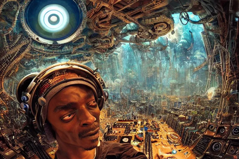 Image similar to a fisheye lens photo of a post apocalyptic tribal cyborg snoop dogg tweaking and playing synthesizers in the most complicated and technical spiral fractal musical studio, powerful, cinematic, beautifully lit, by donato giancola, by artgerm, by karol bak, 3 d, perfect face and body, trending on artstation, octane render, 8 k