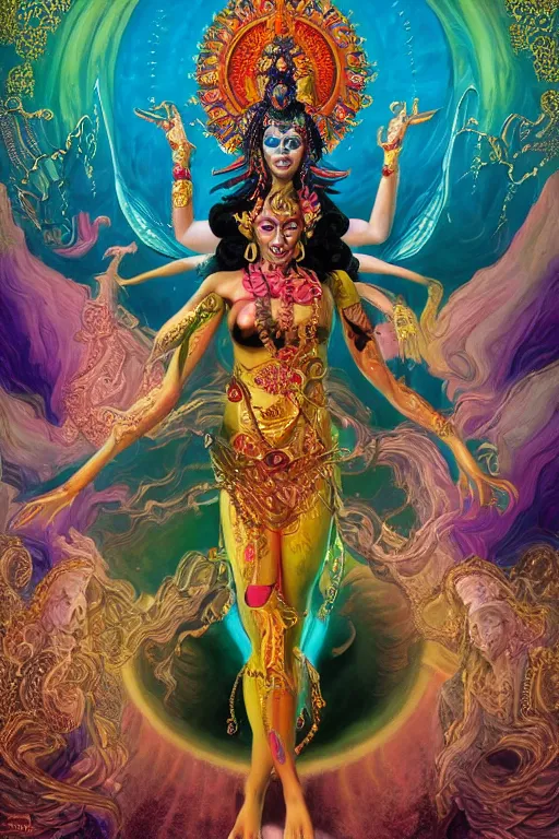 Image similar to overdetailed maximalist fullbody portrait of a beautiful female energy being reminds to kali, having four arms and dancing while transcending to her true form while floating over a surreal landscape. Made by oozium, inspired by silvio vieira, overpainted by loish. 8k 3d realistic render. Bright, sacred, spiritual, dawn, backlit, calm, relaxed, dynamic, ethereal, arcane, intricate, mysterious, dramatic, cinematic. Seen from below. Overpaint in Indian tapestry style