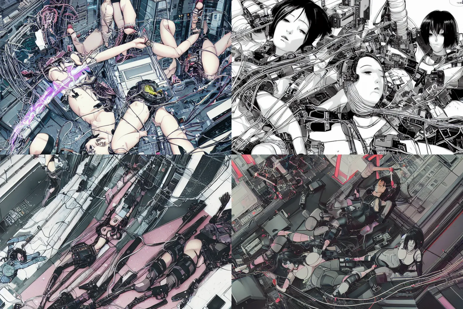 Prompt: a cyberpunk illustration of a group of three coherent female androids in style of masamune shirow, lying on an empty, white floor with their bodies broken scattered rotated in different directions and cables and wires coming out, by yukito kishiro and katsuhiro otomo, hyper-detailed, intricate