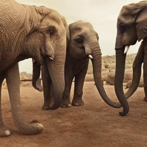 Image similar to cinematic film still of 80 year old Mediterranean skinned man in ancient Canaanite clothing stands next to a pair of elephants. Storm clouds. directed by Steven Spielberg