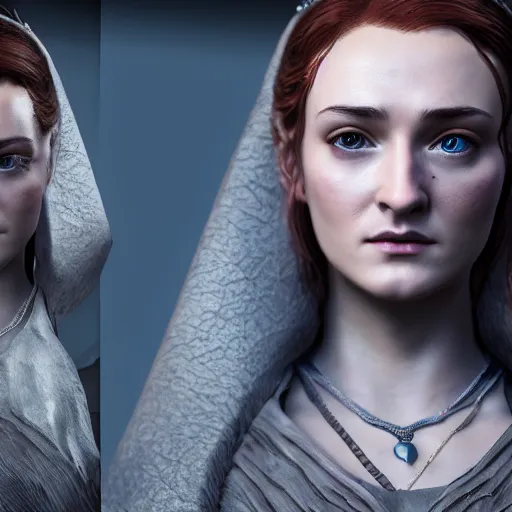 Prompt: Sansa Stark, Unreal Engine 4, extreme details, Godrays, close up, studio light