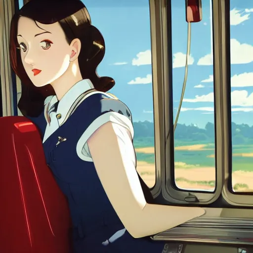 Image similar to portrait of a beautiful girl with dark hair dressed in 1940's fashion sitting in the interior of a train, looking outside the window beside her to the dieselpunk city outside of the window, rich vivid colors, ambient lighting, dynamic lighting, 4k, HQ, official media, anime key visual, makoto shinkai, ilya kuvshinov, lois van baarle, rossdraws, detailed, trending on artstation