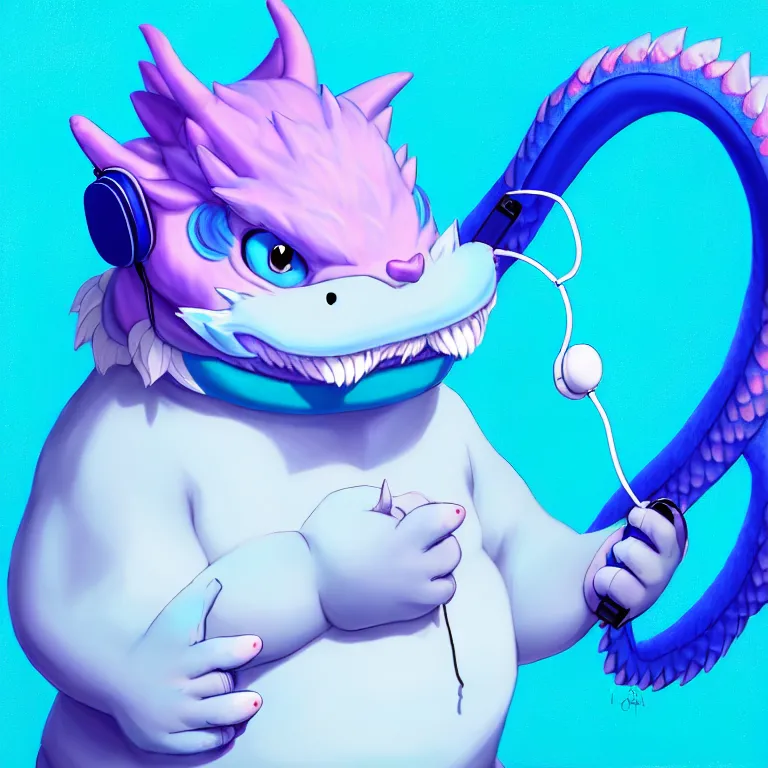 Image similar to a chubby anthropomorphic male blue dragon fursona, blue bubble gum, headphones on his head, cute, furry, beautiful, soft colors, oil on canvas, soft lighting