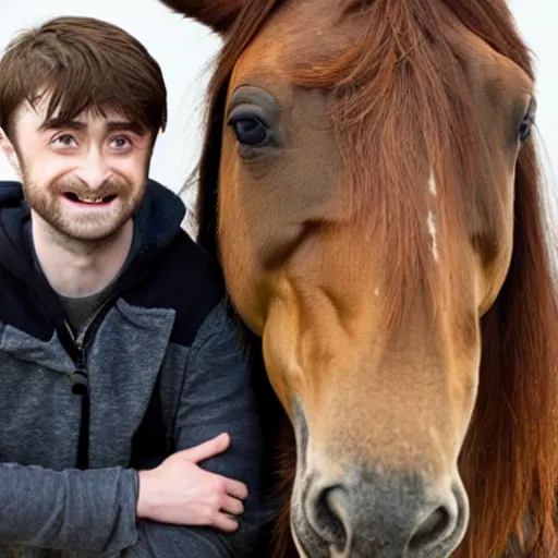 Image similar to photo of Daniel Radcliffe looking suspiciously happy with a horse,