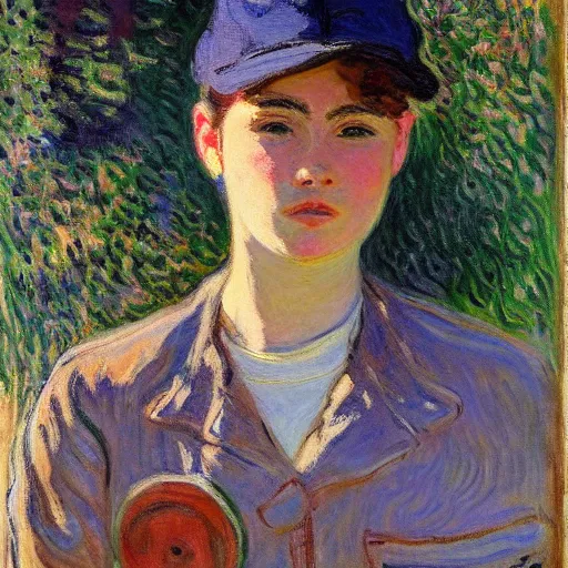 Prompt: portrait of a young butch female mechanic by claude monet