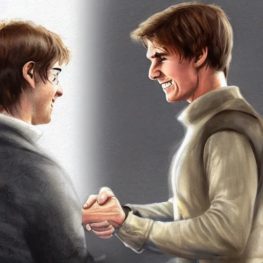 Image similar to tom cruise shaking hands with harry potter, digital art, highly - detailed, artstation cgsociety masterpiece