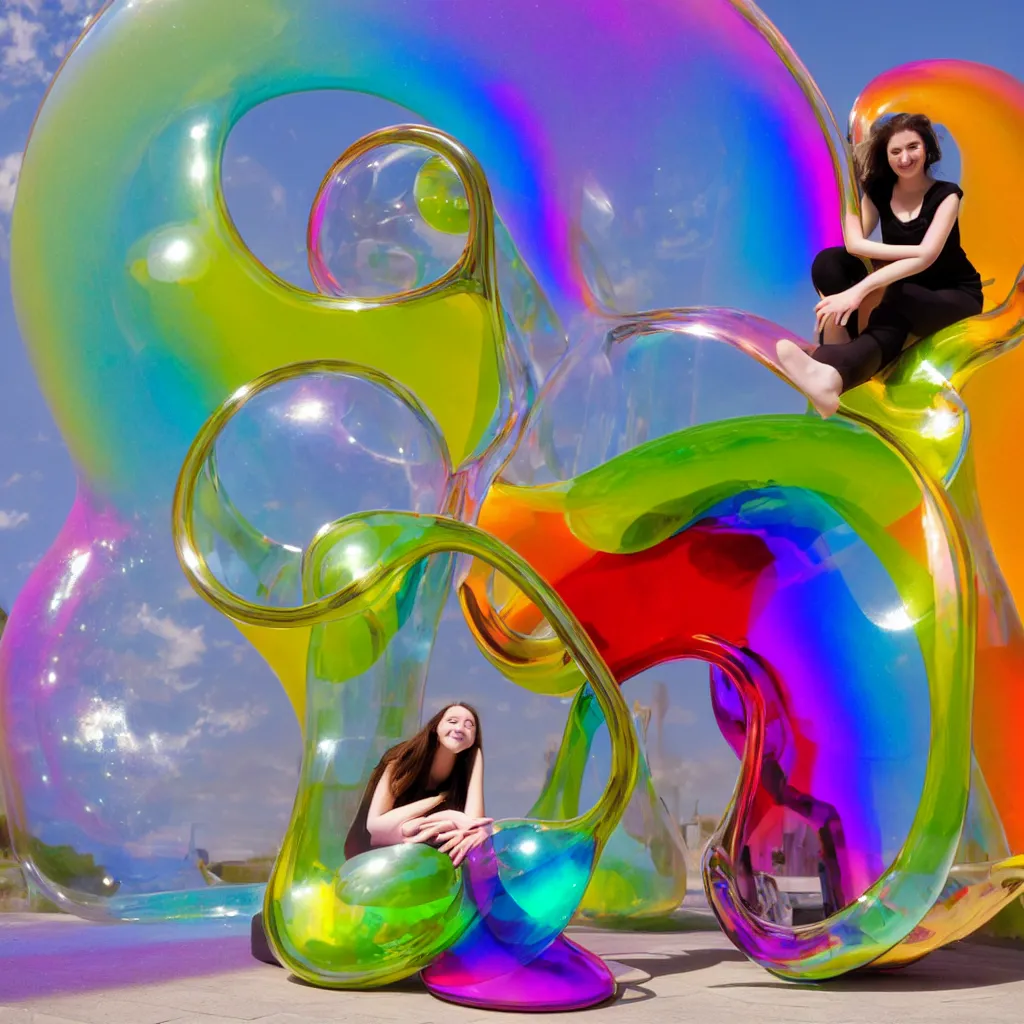 Prompt: a beautiful girl sitting on an unfinished klein bottle sculptural, chroma iridescence, colors, glassy, reflective and refractive, soap bubbles floating, baroque architecture background, surrealism, corgi