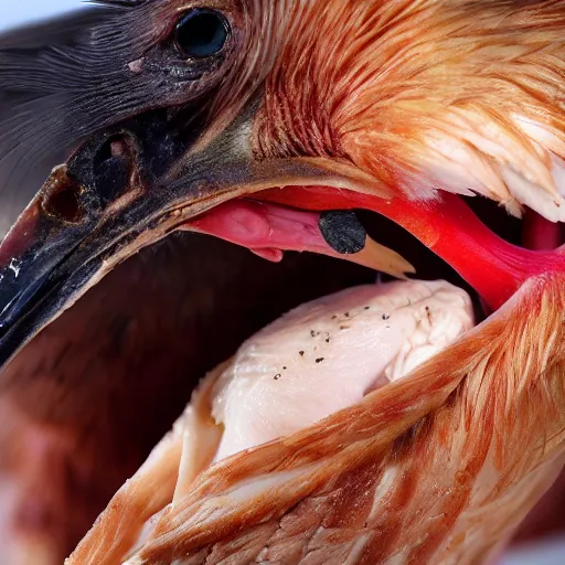 Image similar to chicken with an opened beak with human teeth