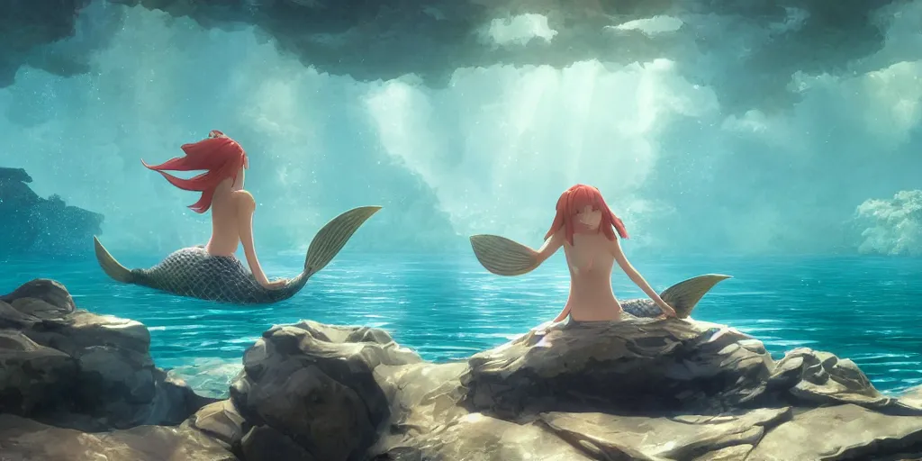 Image similar to animation key shot of a young mermaid swimming in an elegant palace bedroom sunken in the ocean, studio ghibli, pixar and disney animation, sharp, rendered in unreal engine 5, anime key art by greg rutkowski, bloom, dramatic lighting