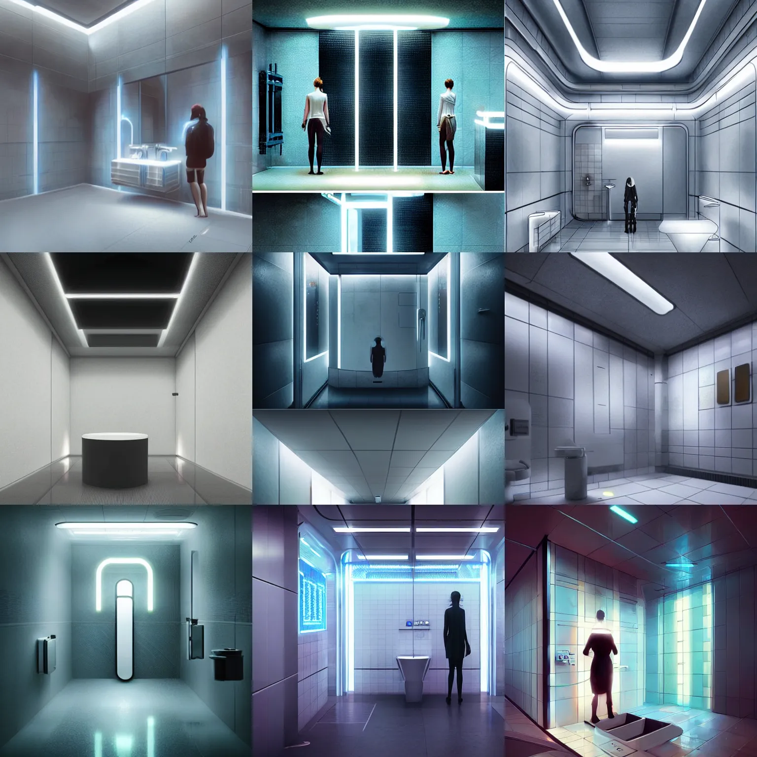 Prompt: a public restroom from the future in the year 2 1 0 0, cyberpunk bathroom with holo lights, minimalist architecture, art by charlie bowater and greg rutkowski