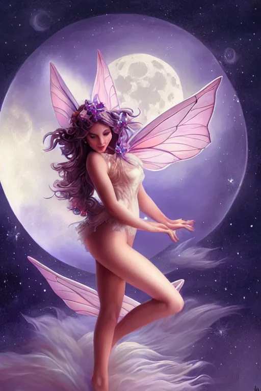 Image similar to attractive fairy magically floating high in the night, fantasy, full moon in background. highly detailed painting by artgerm, mid shot, 8 k