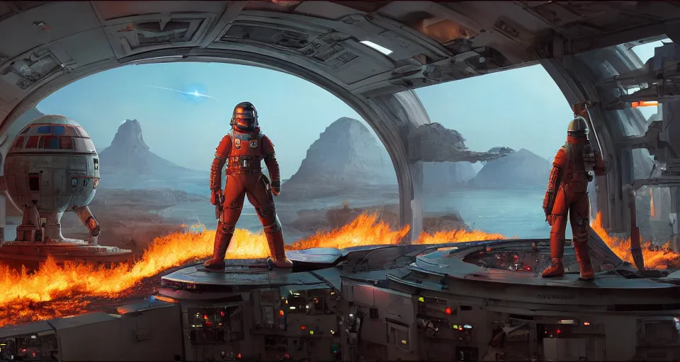 Image similar to roman caesar standing on the bridge of a space station looks out the window at a burning planet, realistic rendering, unreal engine, 4k, hdr, high dynamic range, f12, michael whelan, simon stalenhag, high tech, star wars cavern interior