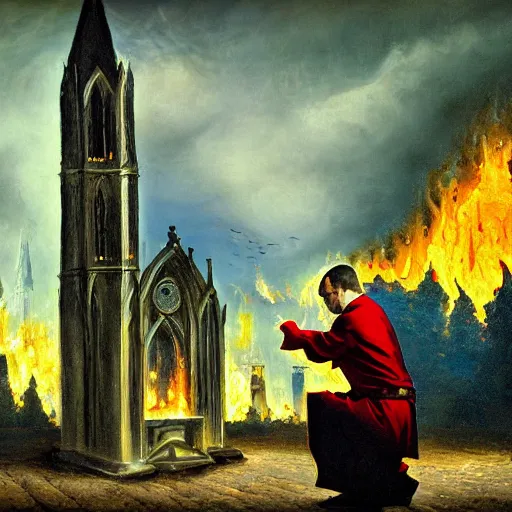 Image similar to priest on knees in front of burning church, gothic art, color, emotional, sad, dramatic, detailed