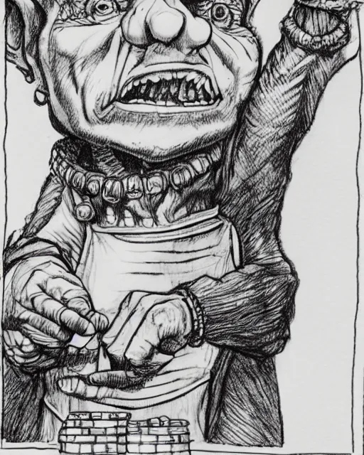 Prompt: pen and ink drawing of a goblin merchant smiling holding out his palm to show gold coins, by steve jackson and ian livingstone, highly detailed