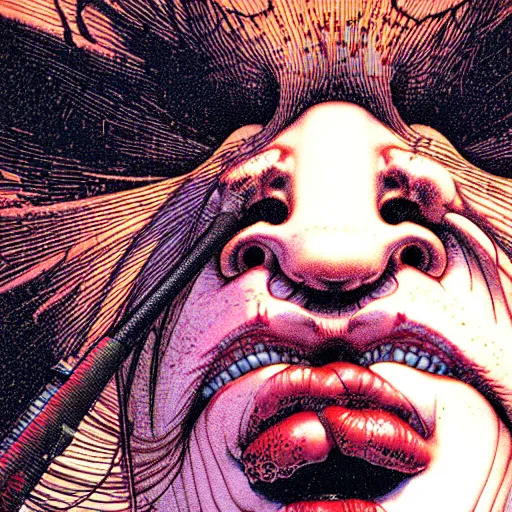 Prompt: closeup of face melting and tongues, by yoichi hatakenaka, masamune shirow, josan gonzales and dan mumford, ayami kojima, takato yamamoto, karol bak