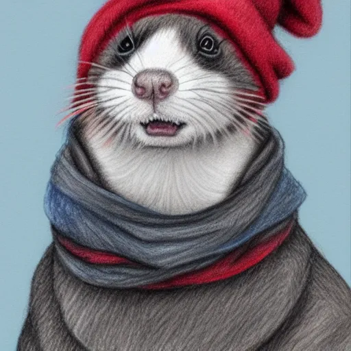 Prompt: A ferret wearing a blue scarf and a red beanie, Pencil drawing, hyper-detailed, very realistic