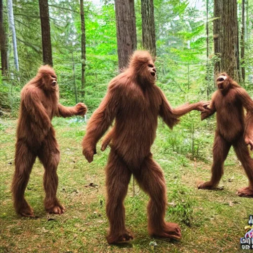 Image similar to happy dancing Sasquatch Bigfoot party in the forest