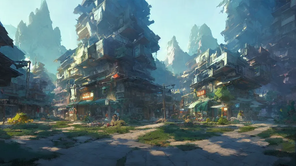 Prompt: downtown battle mountain, by craig mullins, with studio ghibli style, highly detailed