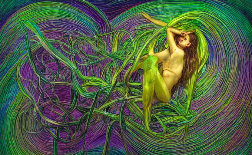 Image similar to a person trapped in the fetal position inside of extremely thick iridescent vines intertwined, central circular composition, high saturation, epic lighting, in the style of Peter gric and Amanda Sage 8k