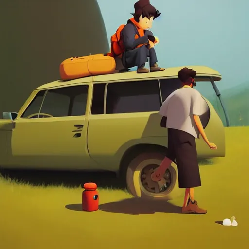 Prompt: goro fujita ilustration hiker loading the car, painting by goro fujita, sharp focus, highly detailed, artstation