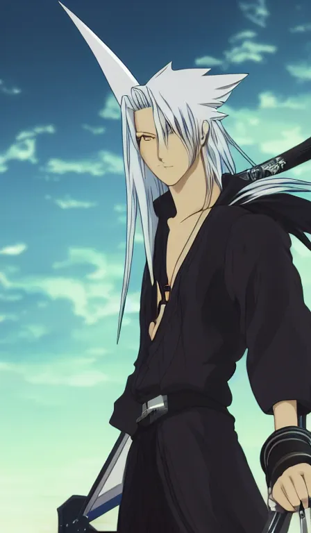 Image similar to anime fine details portrait of Sephiroth in front of cyberpunk moder city landscape on the background deep bokeh, close-up view, anime masterpiece by Studio Ghibli. 8k, sharp high quality anime, artstation