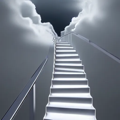 Prompt: hyperrealistic white staircase ascending through the clouds, aerial view surrounded by clouds, hyperrealistic dramatic colored lighting trending on artstation 8 k