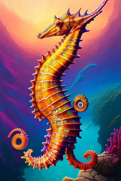 Image similar to highly detailed portrait of rainbow - colored seahorse, stephen bliss, unreal engine, fantasy art by greg rutkowski, rhads, ferdinand knab, makoto shinkai and lois van baarle, ilya kuvshinov, rossdraws, tom bagshaw, global illumination, radiant light, yellow blue theme, coral reef