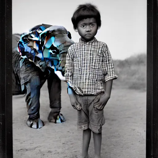 Image similar to extremely detailed black and white photo by john l. gaunt of a small boy standing next to an elephant. extreme focus of the face.