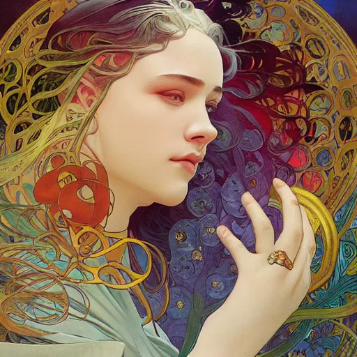 Prompt: lyanna stark and rhaegar targaryen bright colorful, zen, minimalist, sunny environment, highly detailed, realistic, up close shot shinji aramaki, karol bak, alphonse mucha