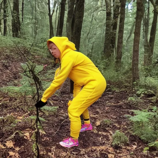 Image similar to young female wearing a yellow velor sweat suit lying dead on the ground in a forest. She is mostly covered by dark colored leaves and twigs