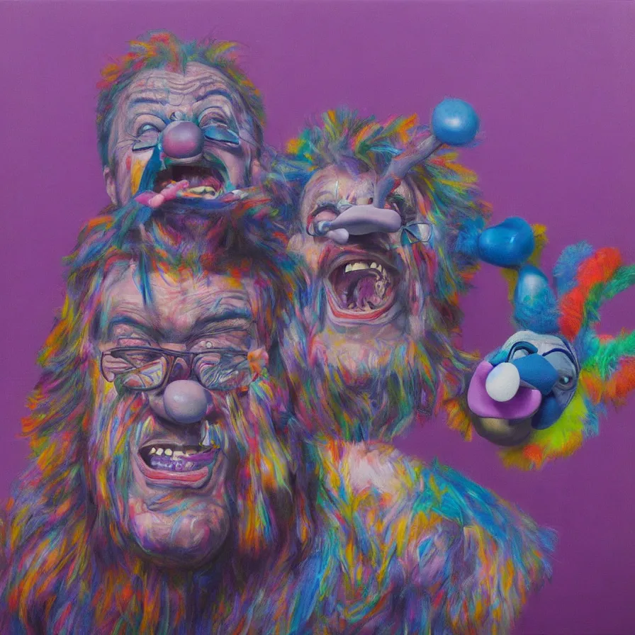 Prompt: rare hyper realistic portrait painting by chuck close, studio lighting, brightly lit purple room, a blue rubber duck with antlers laughing at a giant laughing white bear with a clown mask