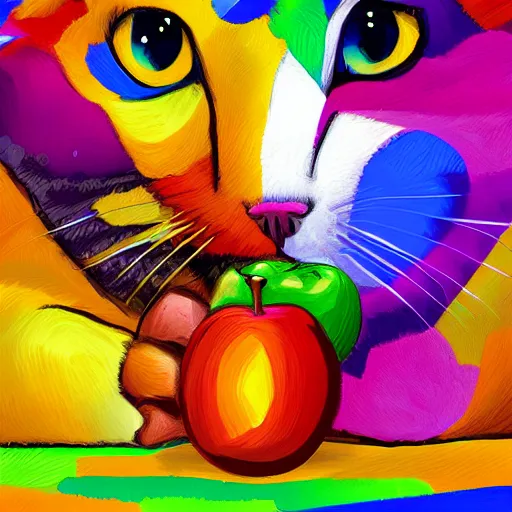 Image similar to a colourful cat eating apple, digital art