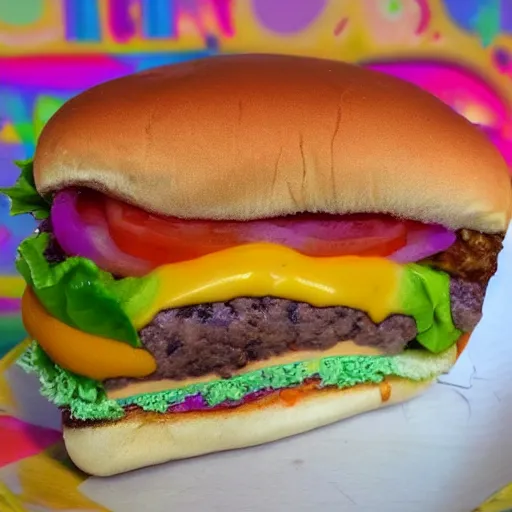Prompt: a lisa frank cheeseburger