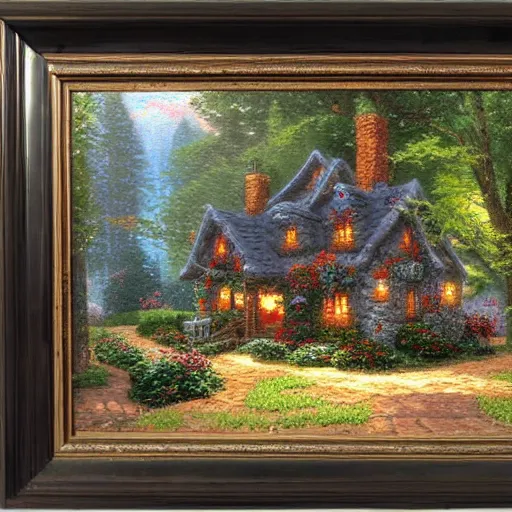 Prompt: spider man's rustic cottage, painted by thomas kinkade