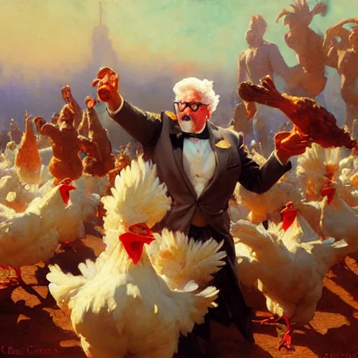 Image similar to colonel sanders throwing fried chickens, highly detailed painting by gaston bussiere, craig mullins, j. c. leyendecker, 8 k