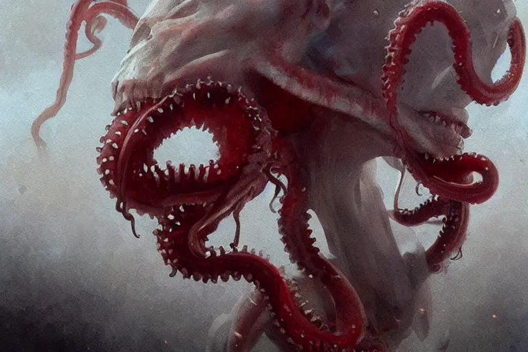 Image similar to painting by greg rutkowski of a flying human head and face that is chalk white in color, with tentacles coming of the neck, red eyes, flying in a terrying hell like cavernous place